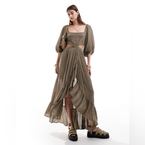 Free People Cross My Heart Cutout Maxi Dress taupe balloon sleeve side cut outs - Picture 7 of 14